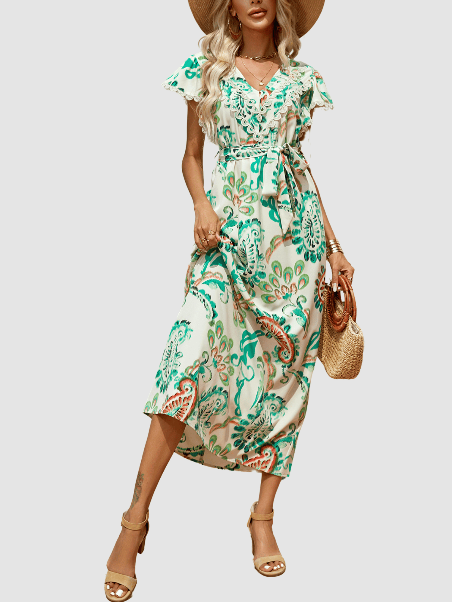 Vestido midi mujer Anany AN-031043 fluido estampado corte evasé escote V blondas manga corta cinturón desmontable elegante fresco cómodo verano talla 38 verde ✅Entrega 24/48h