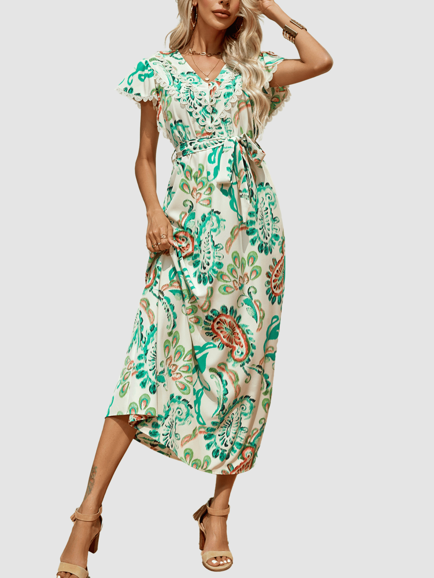 Vestido midi mujer Anany AN-031043 fluido estampado corte evasé escote V blondas manga corta cinturón desmontable elegante fresco cómodo verano talla 38 verde ✅Entrega 24/48h