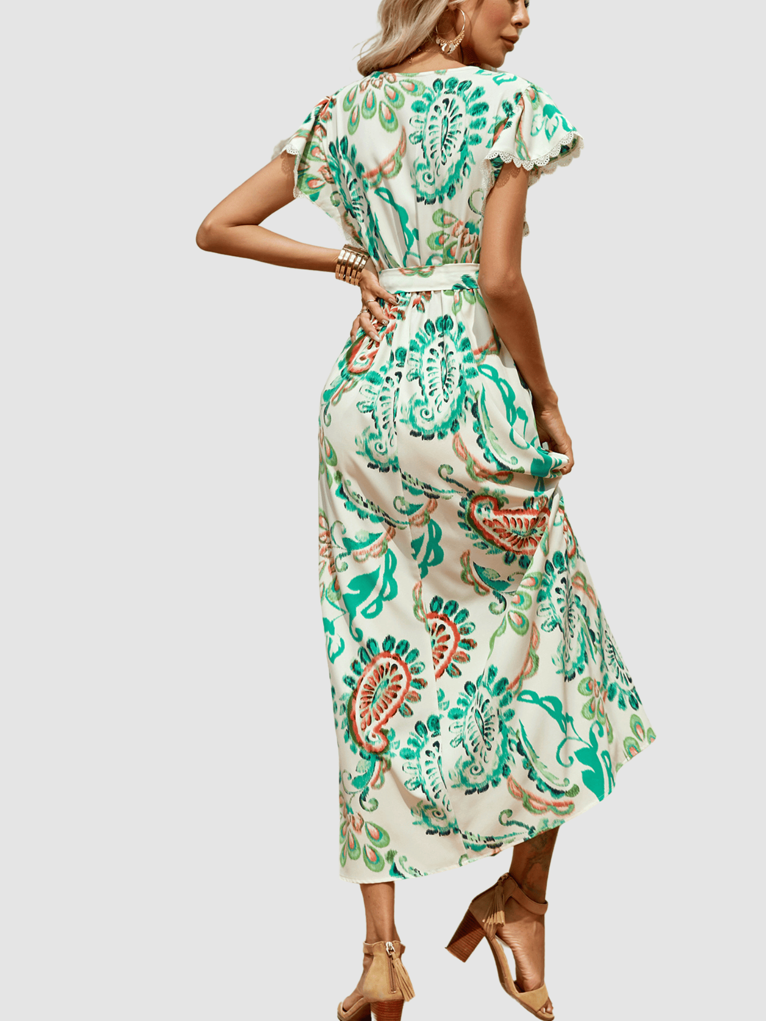 Vestido midi mujer Anany AN-031043 fluido estampado corte evasé escote V blondas manga corta cinturón desmontable elegante fresco cómodo verano talla 38 verde ✅Entrega 24/48h