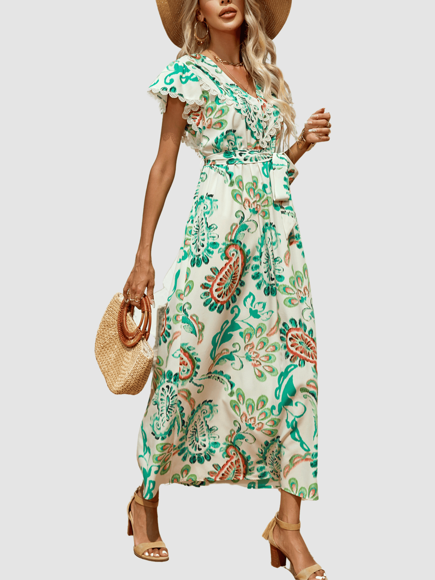 Vestido midi mujer Anany AN-031043 fluido estampado corte evasé escote V blondas manga corta cinturón desmontable elegante fresco cómodo verano talla 38 verde ✅Entrega 24/48h