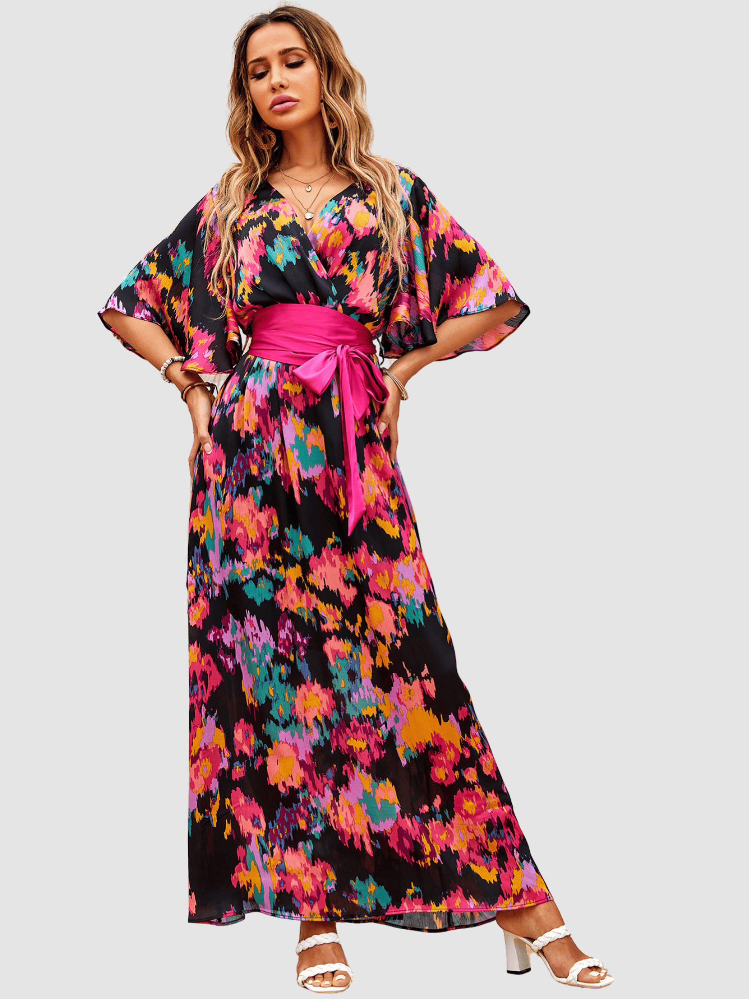 Vestido largo mujer, dress cruzado, estampado floral, fajín rosa, manga codo, escote V, talla 38, fluido, cómodo, versátil, elegante, ideal primavera verano, multicolor, outfit femenino ✅Entrega 24/48h