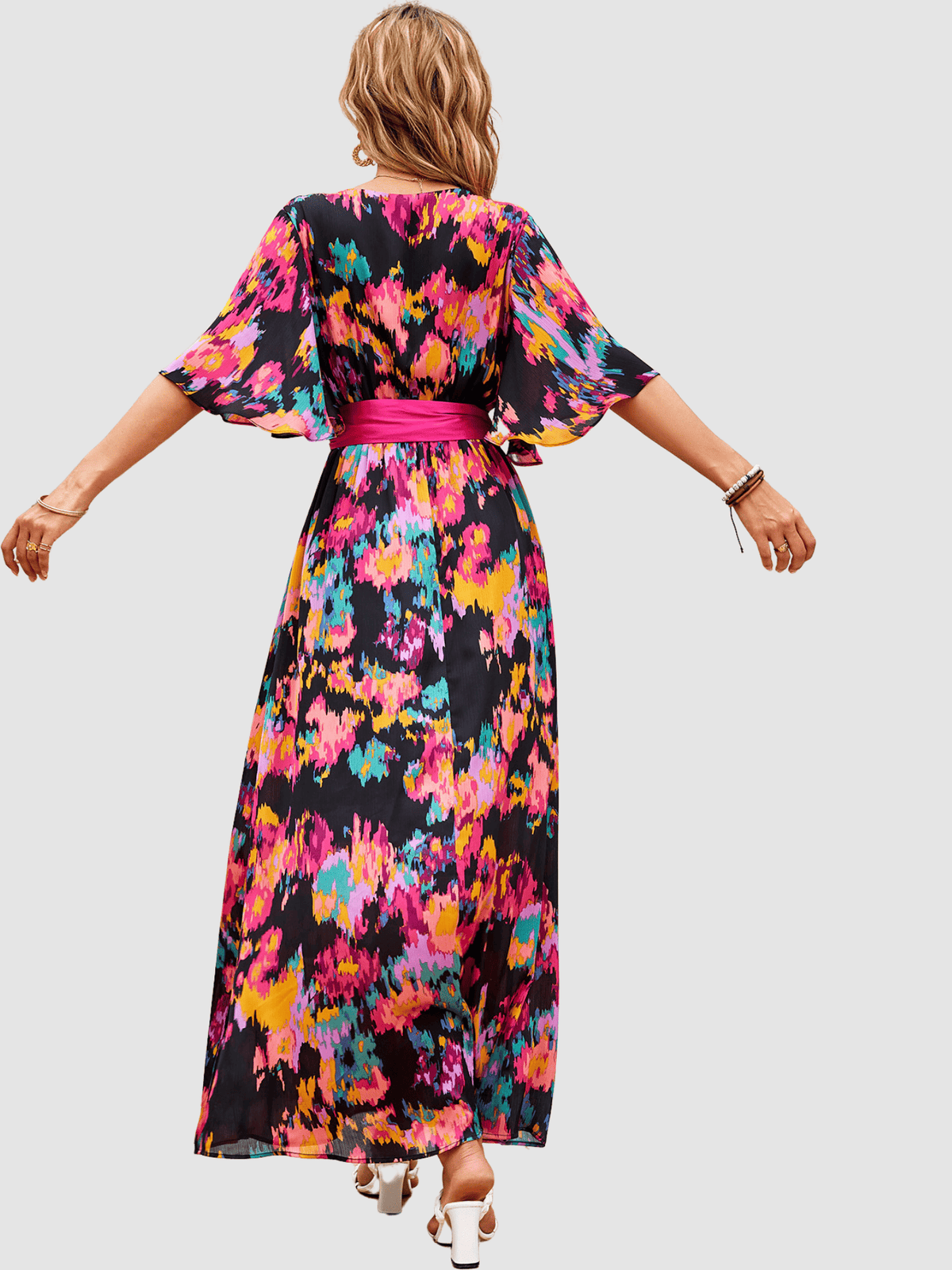 Vestido largo mujer, dress cruzado, estampado floral, fajín rosa, manga codo, escote V, talla 38, fluido, cómodo, versátil, elegante, ideal primavera verano, multicolor, outfit femenino ✅Entrega 24/48h