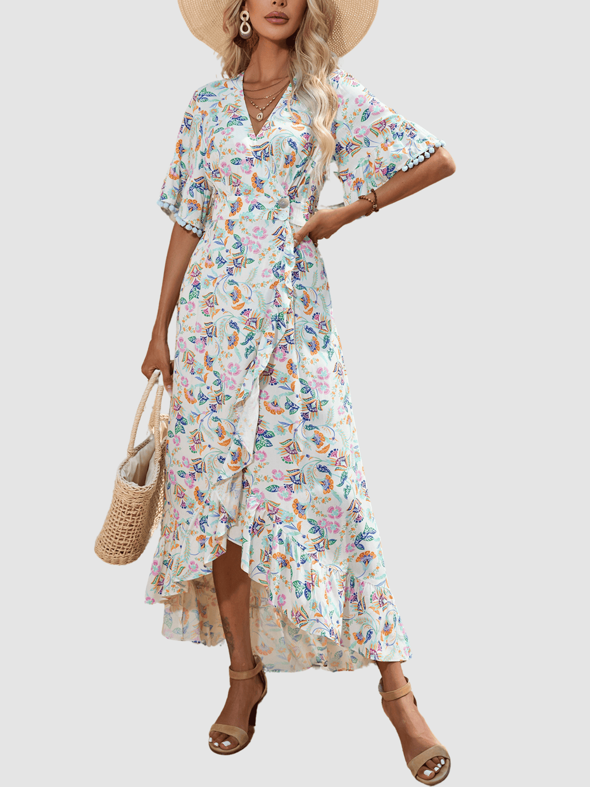 Vestido largo mujer AN-031054, dress estampado floral cruzado, escote en V, bajo asimétrico, manga corta borlas, cinturón ajustable, elegante y cómodo, talla 38, color azul ✅Entrega 24/48h