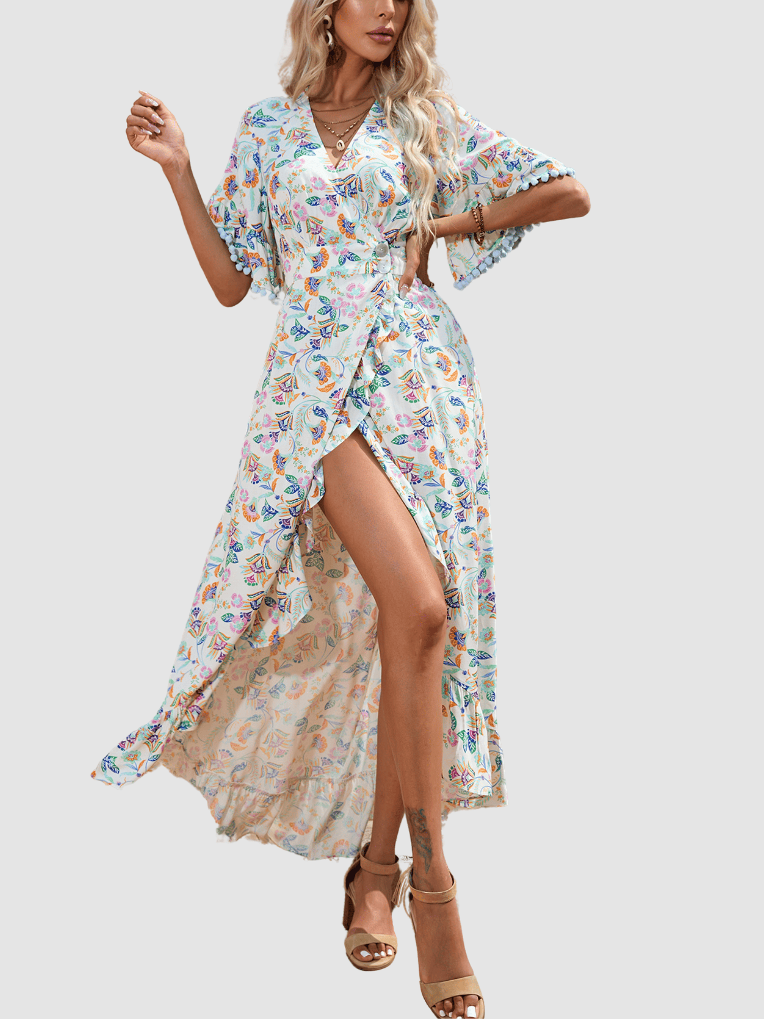 Vestido largo mujer AN-031054, dress estampado floral cruzado, escote en V, bajo asimétrico, manga corta borlas, cinturón ajustable, elegante y cómodo, talla 38, color azul ✅Entrega 24/48h