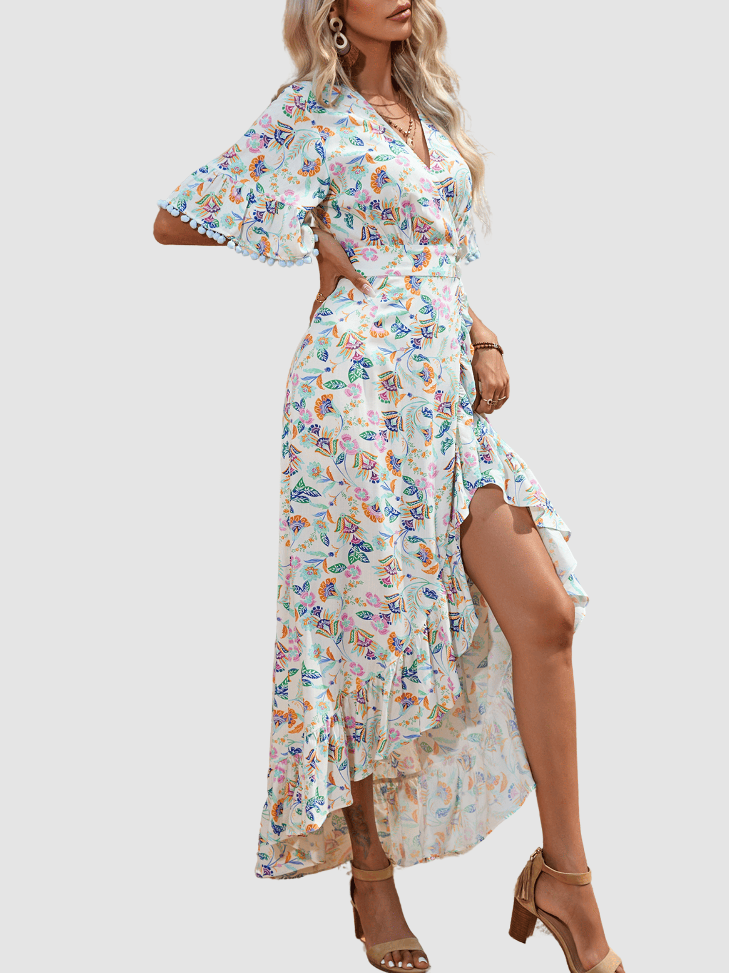 Vestido largo mujer AN-031054, dress estampado floral cruzado, escote en V, bajo asimétrico, manga corta borlas, cinturón ajustable, elegante y cómodo, talla 38, color azul ✅Entrega 24/48h
