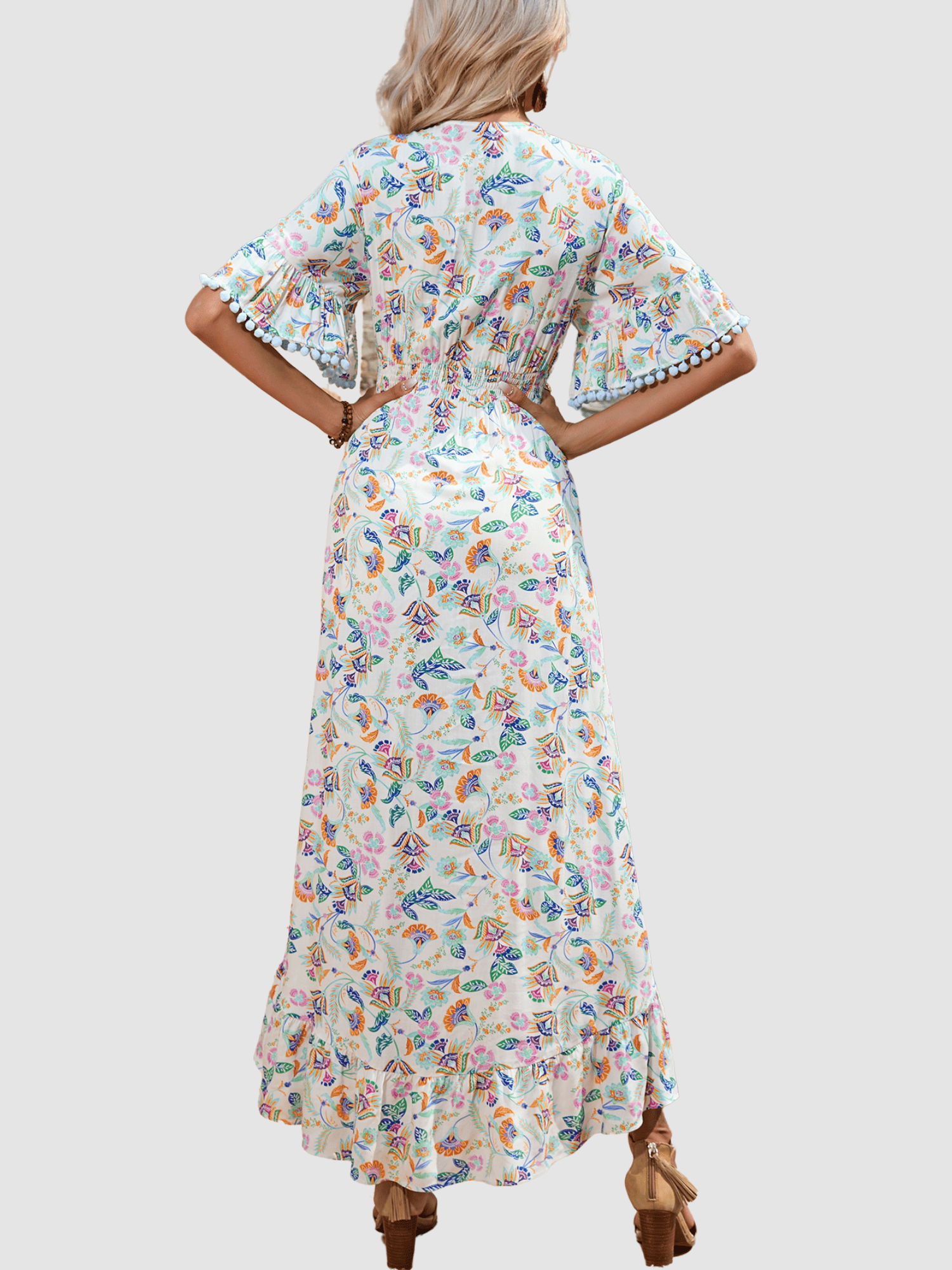 Vestido largo mujer AN-031054, dress estampado floral cruzado, escote en V, bajo asimétrico, manga corta borlas, cinturón ajustable, elegante y cómodo, talla 38, color azul ✅Entrega 24/48h