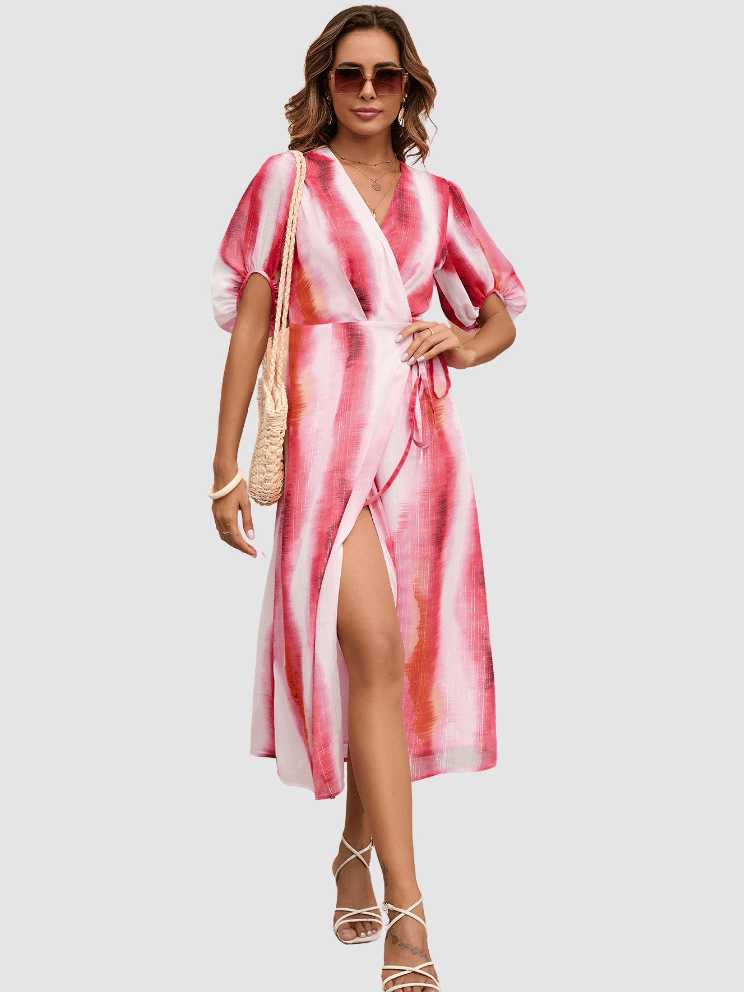 Vestido mujer midi cruzado dress escote V estampado degradado manga abullonada atado lateral cómodo elegante versátil talla 38 rojo outfit verano invitada fiesta ✅Entrega 24/48h