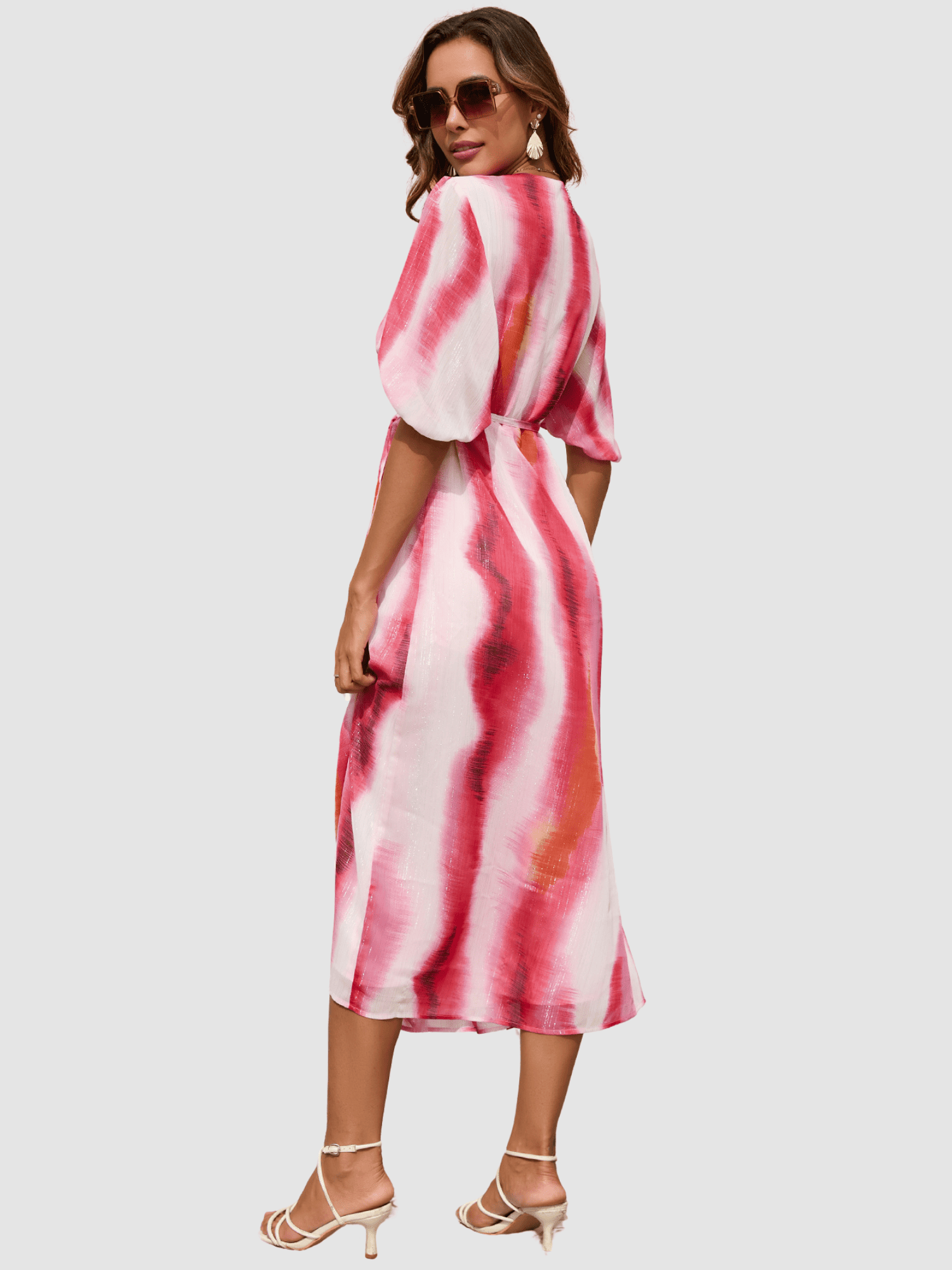 Vestido mujer midi cruzado dress escote V estampado degradado manga abullonada atado lateral cómodo elegante versátil talla 38 rojo outfit verano invitada fiesta ✅Entrega 24/48h