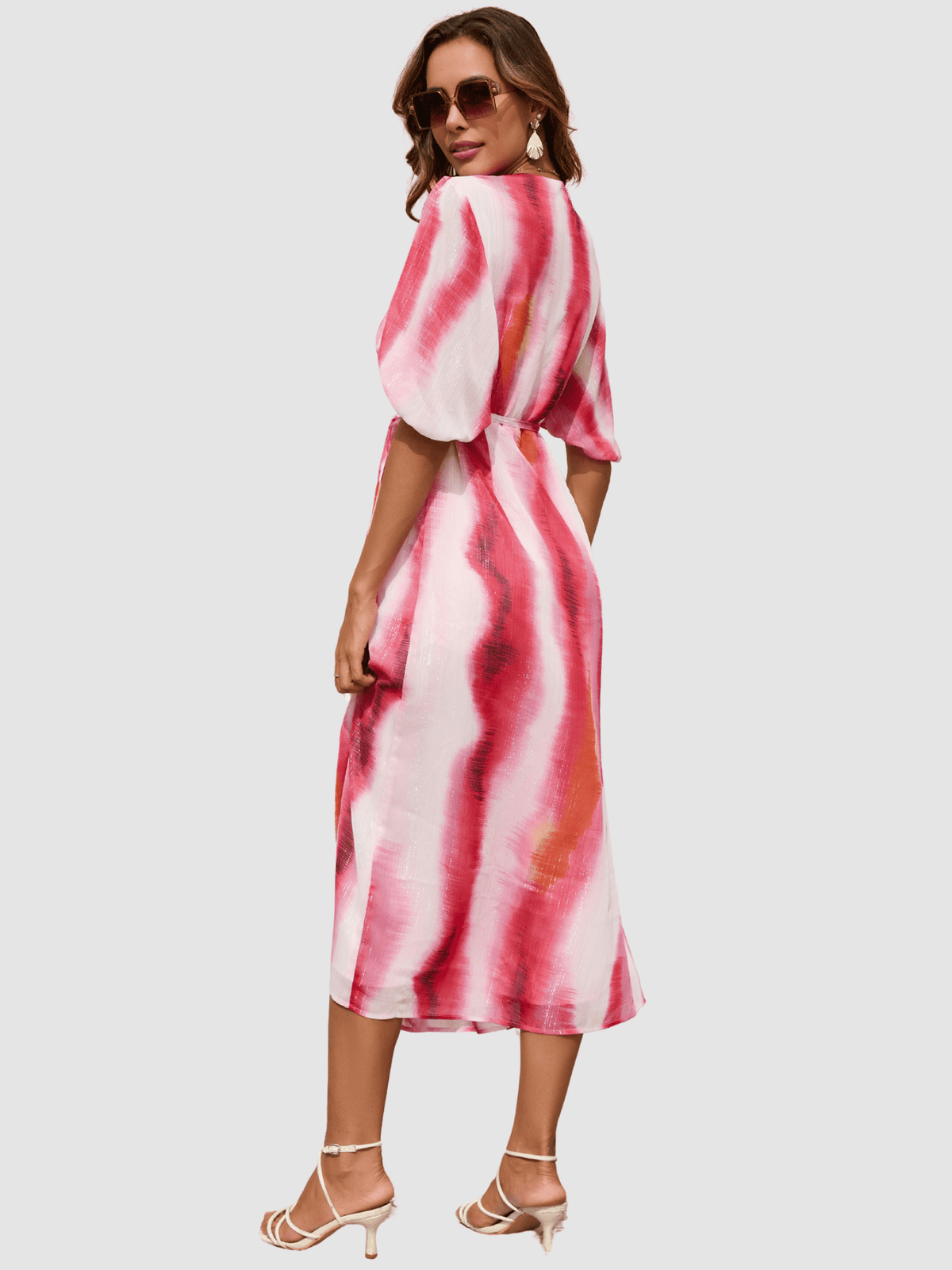 Vestido mujer midi cruzado dress escote V estampado degradado manga abullonada atado lateral cómodo elegante versátil talla 38 rojo outfit verano invitada fiesta ✅Entrega 24/48h