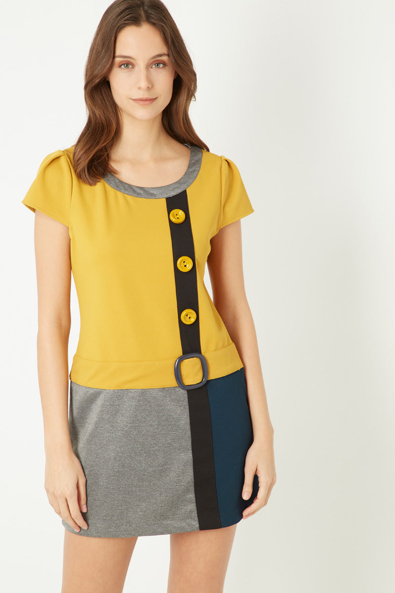 Vestido corto, dress, outfit Anany AN-040023 diseño colorblock amarillo gris azul, tejido sarga, manga corta, cuello redondo, botones decorativos, cinturón, cómodo, estilo moderno, talla 40, ✅Entrega 24/48h