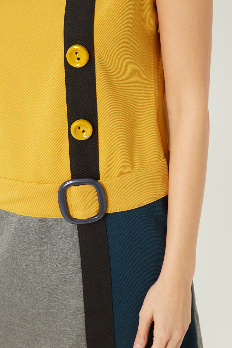 Vestido corto, dress, outfit Anany AN-040023 diseño colorblock amarillo gris azul, tejido sarga, manga corta, cuello redondo, botones decorativos, cinturón, cómodo, estilo moderno, talla 40, ✅Entrega 24/48h