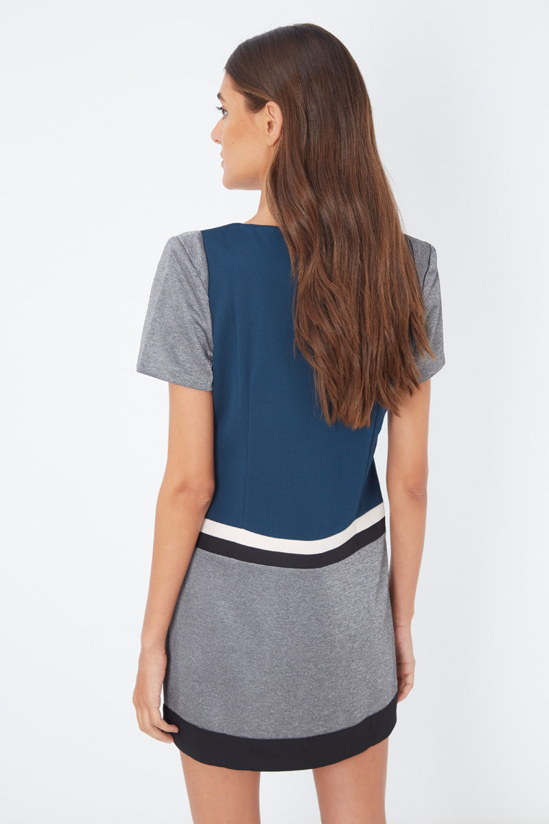 Vestido recto mujer, dress corto, diseño bicolor azul/gris, botones decorativos, manga corta, cuello redondo, tejido sarga, estilo casual elegante, talla 38, cómodo y versátil ✅Entrega 24/48h
