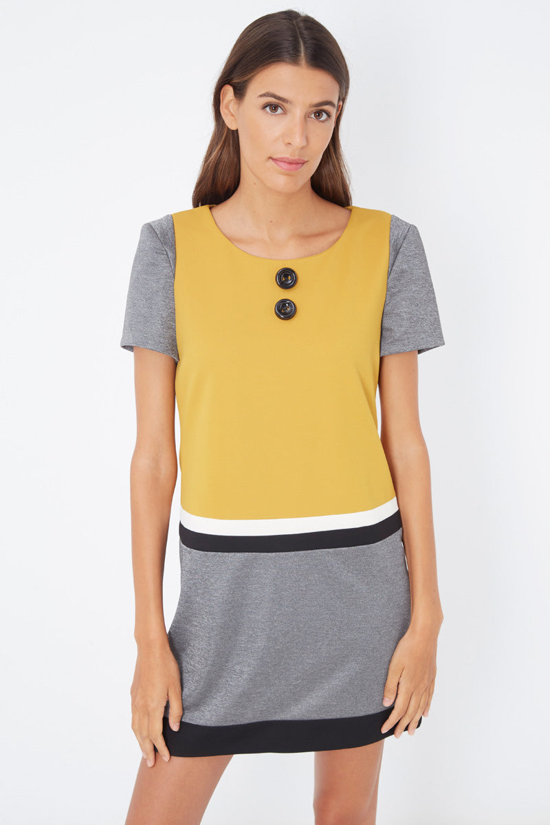 Vestido corto dress outfit sarga efecto brillante moderno cuello redondo manga corta botones frontales diseño bicolor amarillo gris talla 38 cómodo versátil elegante ideal día a día oficina ✅Entrega 24/48h