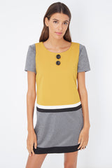Vestido corto dress outfit sarga efecto brillante moderno cuello redondo manga corta botones frontales diseño bicolor amarillo gris talla 38 cómodo versátil elegante ideal día a día oficina ✅Entrega 24/48h