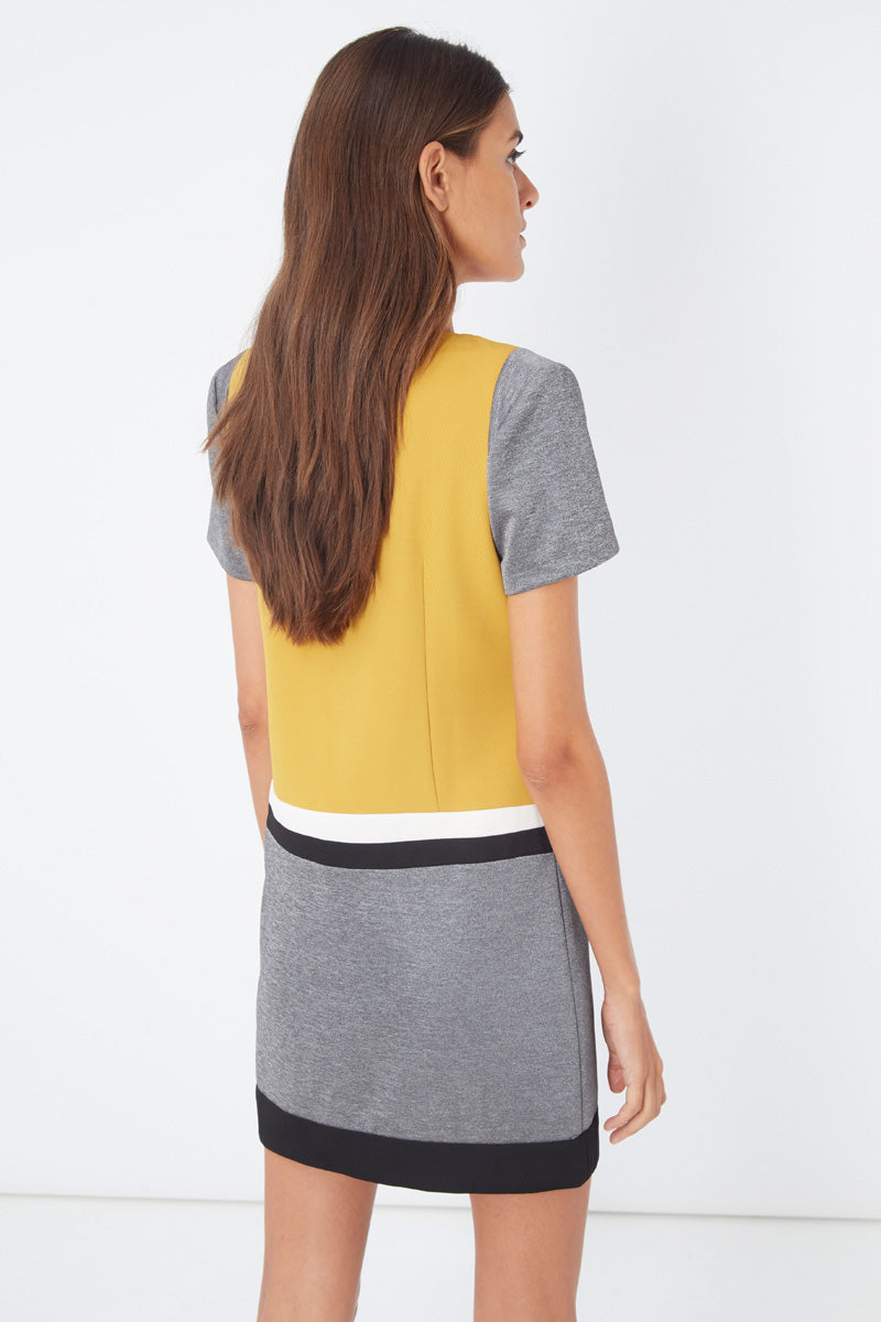 Vestido corto dress outfit sarga efecto brillante moderno cuello redondo manga corta botones frontales diseño bicolor amarillo gris talla 38 cómodo versátil elegante ideal día a día oficina ✅Entrega 24/48h