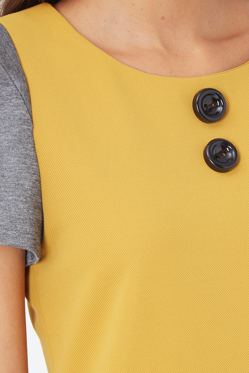 Vestido corto dress outfit sarga efecto brillante moderno cuello redondo manga corta botones frontales diseño bicolor amarillo gris talla 38 cómodo versátil elegante ideal día a día oficina ✅Entrega 24/48h