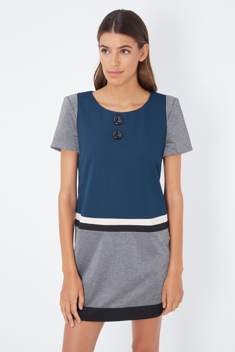 Vestido recto mujer, dress corto, diseño bicolor azul/gris, botones decorativos, manga corta, cuello redondo, tejido sarga, estilo casual elegante, talla 38, cómodo y versátil ✅Entrega 24/48h