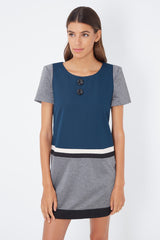 Vestido recto mujer, dress corto, diseño bicolor azul/gris, botones decorativos, manga corta, cuello redondo, tejido sarga, estilo casual elegante, talla 38, cómodo y versátil ✅Entrega 24/48h
