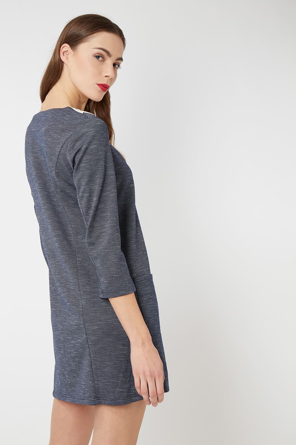 Vestido mujer casual dress outfit jaspeado cuello crochet escote bebé botones decorativos manga 3/4 bolsillos frontales mezcla viscosa azul talla 38 cómodo versátil elegante ✅Entrega 24/48h