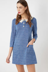 Vestido mini mujer jaspeado estilo casual outfit cuello bebé detalle crochet botones decorativos manga 3/4 bolsillos frontales tejido suave talla 38 azul cómodo versátil ✅Entrega 24/48h