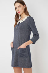 Vestido mujer casual dress outfit jaspeado cuello crochet escote bebé botones decorativos manga 3/4 bolsillos frontales mezcla viscosa azul talla 38 cómodo versátil elegante ✅Entrega 24/48h