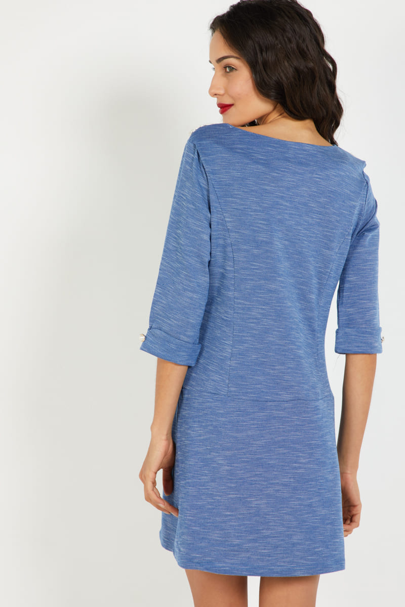 Vestido mujer azul jaspeado dress estilo casual manga 3/4 cuello redondo aplique crochet botón decorativo talla 38 cómodo elegante versátil, outfit ideal primavera verano ✅Entrega 24/48h