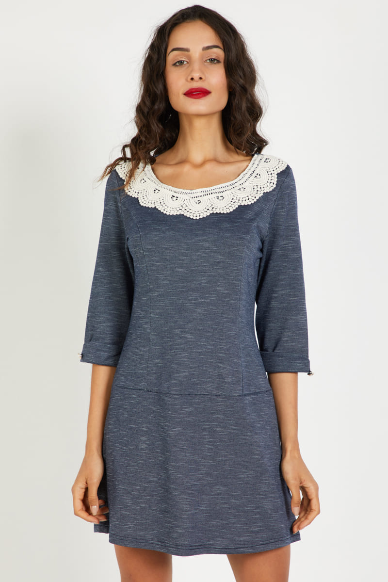 Vestido mujer corto jaspeado, dress estilo casual, cuello redondo con aplique crochet, manga 3/4 botón decorativo, modelo AN-040031, color gris, talla 38, cómodo y elegante, outfit versátil ✅Entrega 24/48h