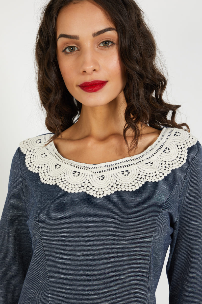 Vestido mujer corto jaspeado, dress estilo casual, cuello redondo con aplique crochet, manga 3/4 botón decorativo, modelo AN-040031, color gris, talla 38, cómodo y elegante, outfit versátil ✅Entrega 24/48h