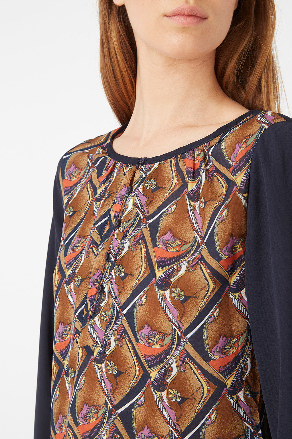 Blusa mujer manga larga retro, camisa top lazo frontal, diseño estampado geométrico, tela ligera, elegante, cómoda, ideal oficina o casual. Color marrón/azul. Talla 38 disponible. ✅Entrega 24/48h