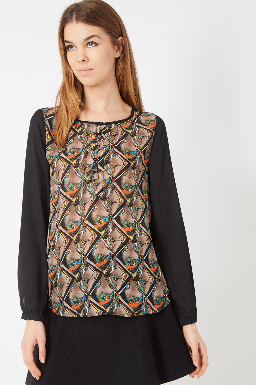 Blusa mujer estampada geométrica, shirt top bohemia, manga larga, escote lazo, tejido ligero, estilo retro sofisticado, multicolor tonos tierra, talla 38, ideal oficina y city outfits, cómoda y fresca ✅Entrega 24/48h