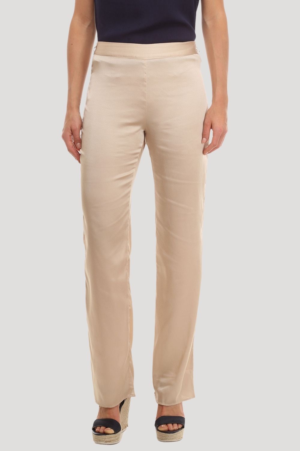 Pantalón mujer satinado beige, tejido suave, cintura elástica, largo recto, cómodo, elegante, versátil, ideal oficina, modelo AN-040292, talla 38 disponible, look casual o formal, ✅Entrega 24/48h