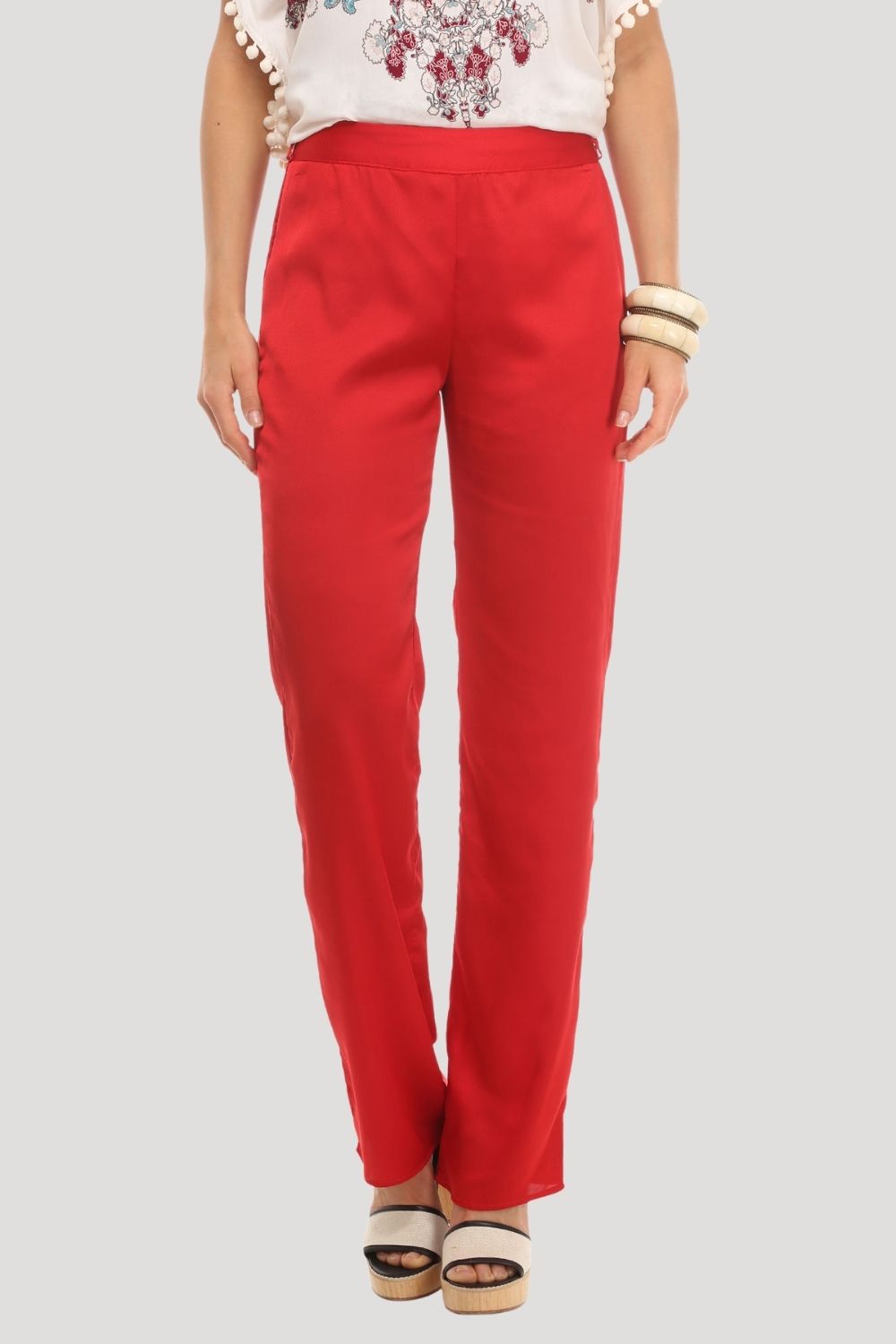 Pantalón mujer fluido recto tiro alto, estilo casual elegante, pierna recta, tejido ligero, color rojo, cómodo versátil, ideal oficina o diario, talla 38 disponible, colores vibrantes ✅Entrega 24/48h