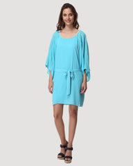 Vestido mujer corto dress outfit Anany AN-040303 tejido combinado calado manga ancha forro escote redondo lazo cintura azul talla 38 cómodo elegante versátil primavera verano ✅Entrega 24/48h