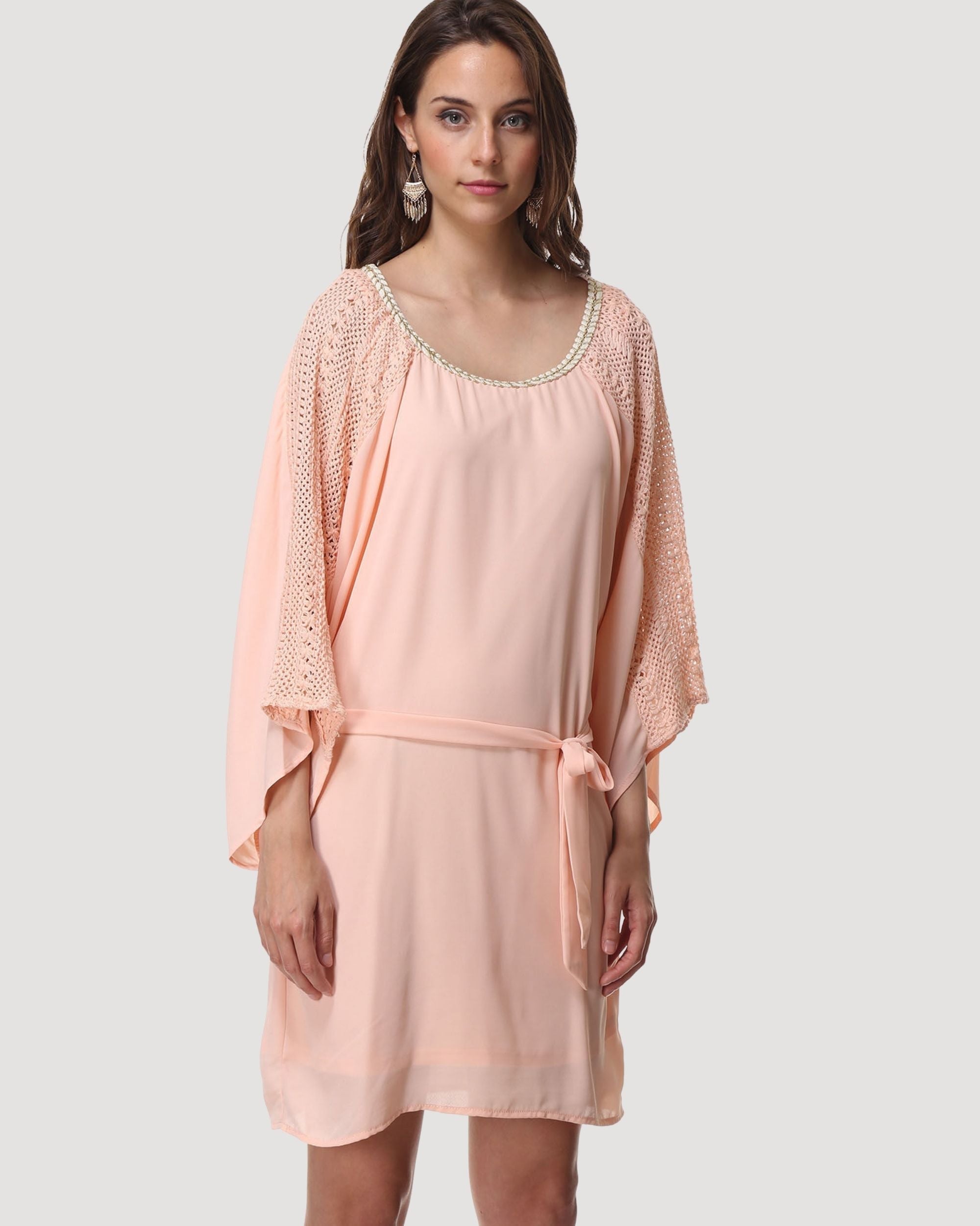 Vestido corto mujer, dress calado bordado, manga ancha, escote redondo, forro interior, detalle hilo metálico, lazo cintura, estilo elegante, cómodo, talla 38, rosa empolvado ✅Entrega 24/48h