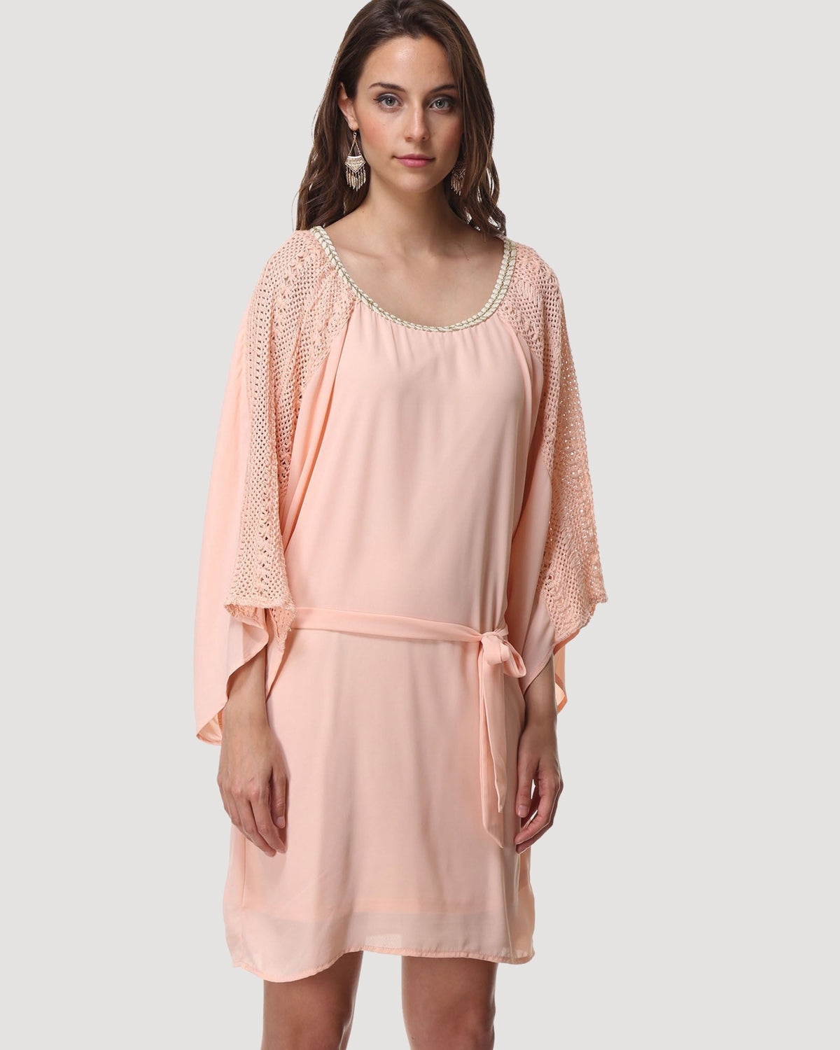 Vestido corto mujer, dress calado bordado, manga ancha, escote redondo, forro interior, detalle hilo metálico, lazo cintura, estilo elegante, cómodo, talla 38, rosa empolvado ✅Entrega 24/48h