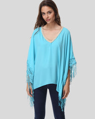 Blusa mujer tipo poncho, blusón fluido, escote V decorado, manga murciélago, detalles encaje, moda urbana elegante, color azul, talla 38, ideal eventos casuales, suave caída, cómoda, sofisticada, jeans, tacones, ✅Entrega 24/48h