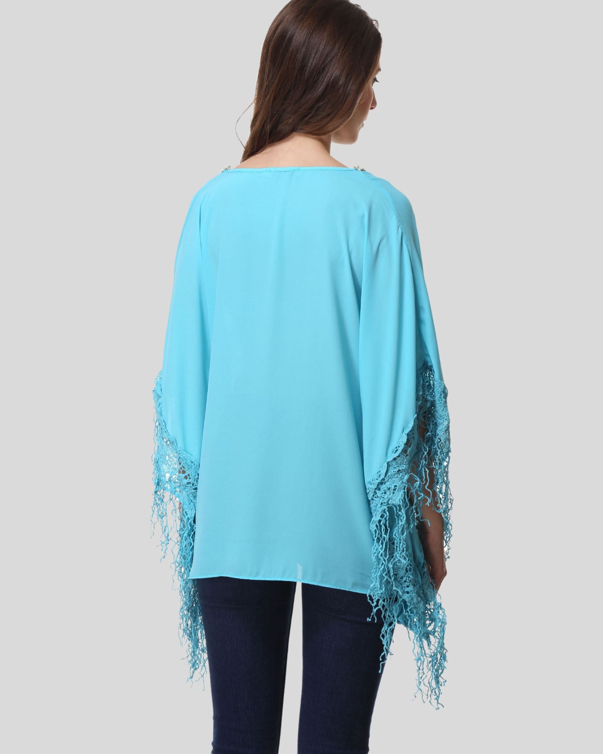 Blusa mujer tipo poncho, blusón fluido, escote V decorado, manga murciélago, detalles encaje, moda urbana elegante, color azul, talla 38, ideal eventos casuales, suave caída, cómoda, sofisticada, jeans, tacones, ✅Entrega 24/48h
