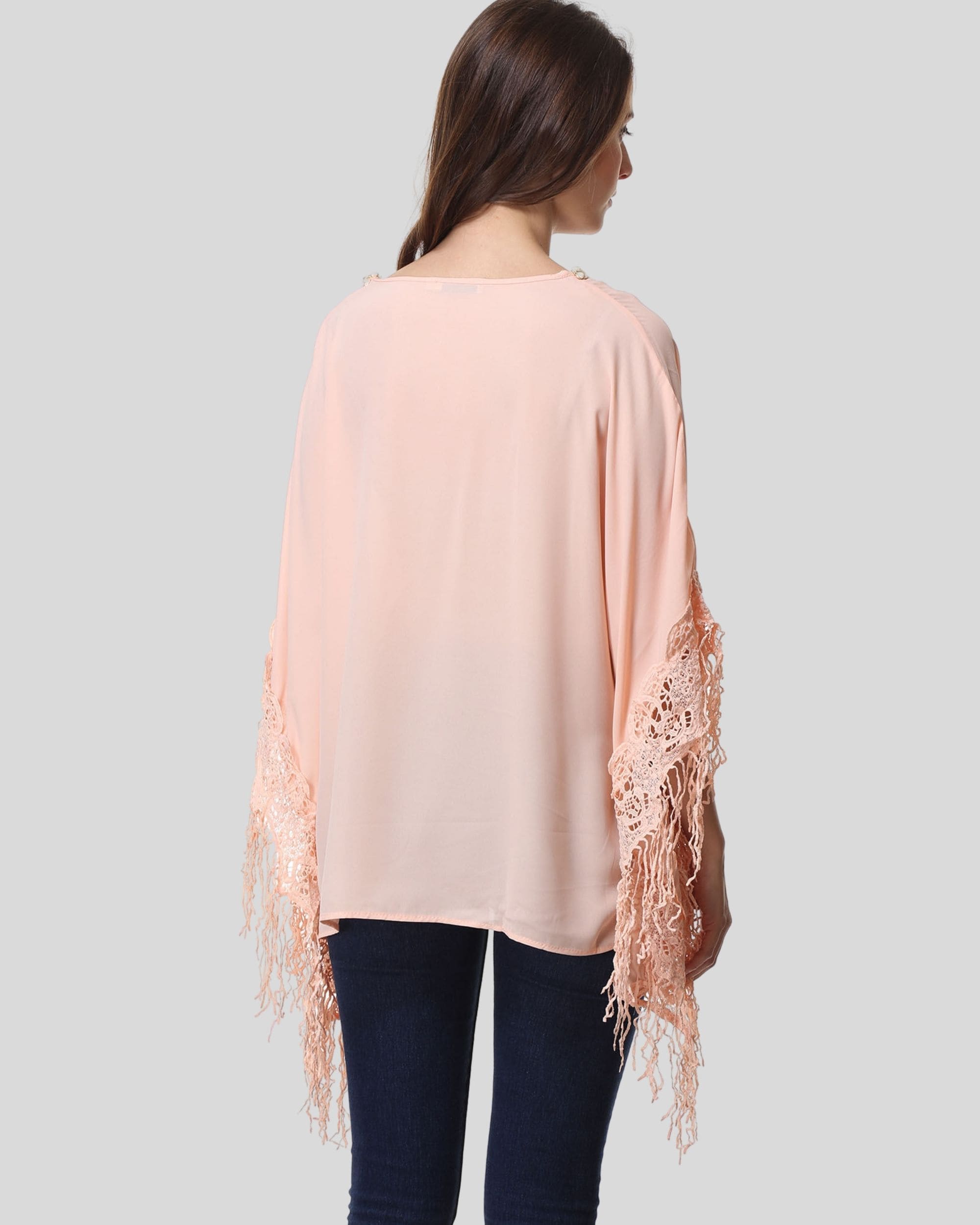 Blusa mujer holgada bohemia elegante, blusa suelta encaje perlas, escote en V, manga tres cuartos, ideal para eventos formales o casual chic, color rosa claro, talla 38, look sofisticado ✅Entrega 24/48h