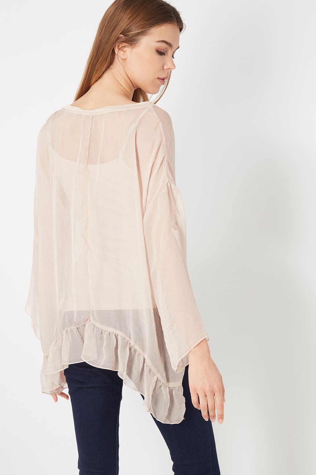 Blusa mujer gasa semitransparente top interior tirantes bordado manga larga cuello redondo bajo volante elegante casual color beige talla 38 cómoda y versátil ✅Entrega 24/48h