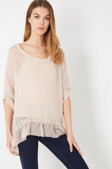 Blusa mujer gasa semitransparente top interior tirantes bordado manga larga cuello redondo bajo volante elegante casual color beige talla 38 cómoda y versátil ✅Entrega 24/48h