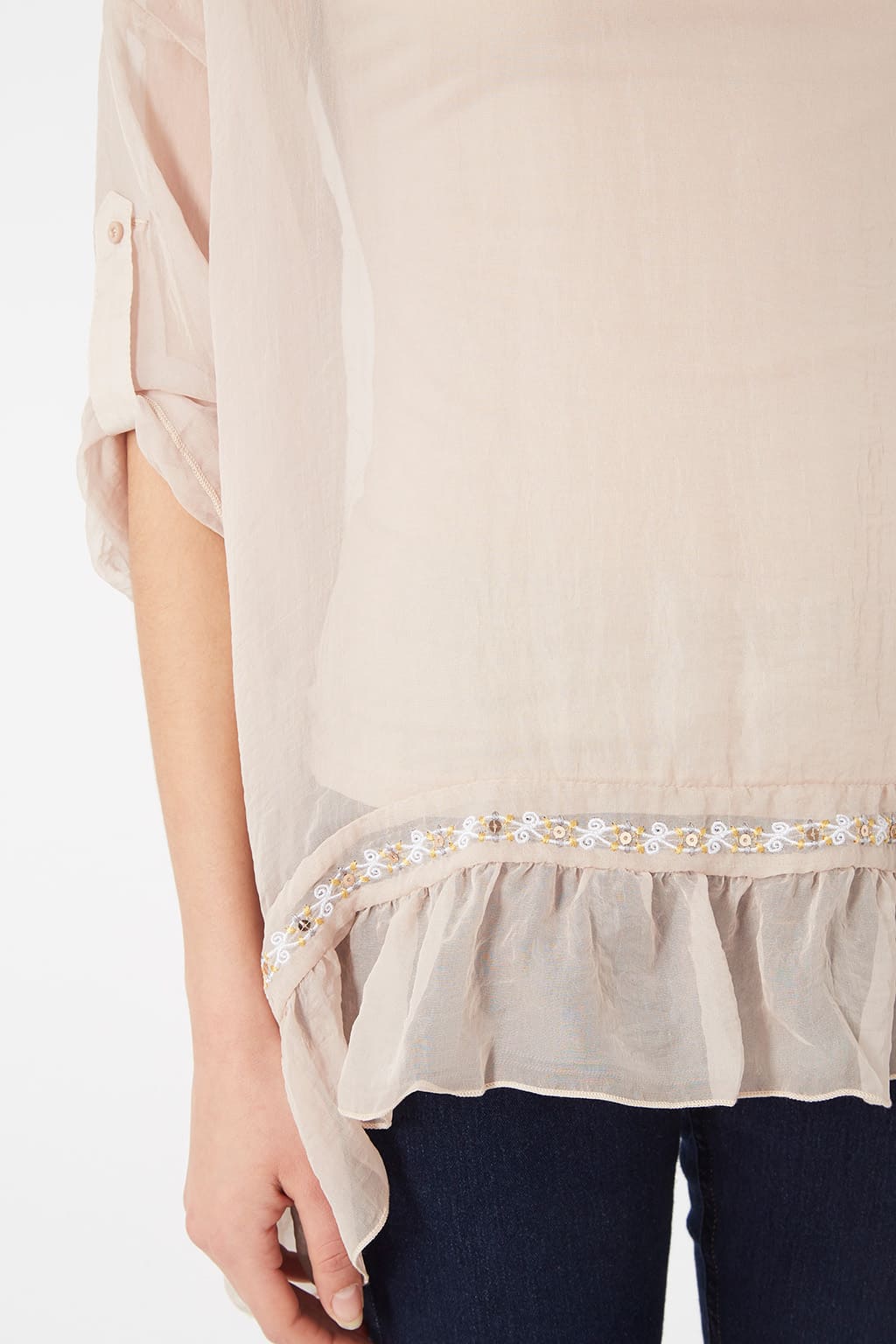 Blusa mujer gasa semitransparente top interior tirantes bordado manga larga cuello redondo bajo volante elegante casual color beige talla 38 cómoda y versátil ✅Entrega 24/48h