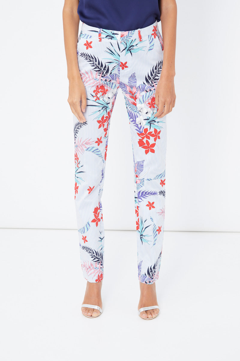 Pantalón mujer floral recto tiro medio, pantalones straight leg, diseño multicolor, tejido ligero cómodo fresco, ideal look urbano oficina primavera-verano, disponible talla 38, blanco multicolor ✅Entrega 24/48h