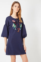 Vestido corto mujer, dress fluido manga 3/4, estampado lentejuelas delantero, tejido suave, cuello redondo con tiras, look casual elegante, color azul marino, talla 38, outfit cómodo y versátil ✅Entrega 24/48h