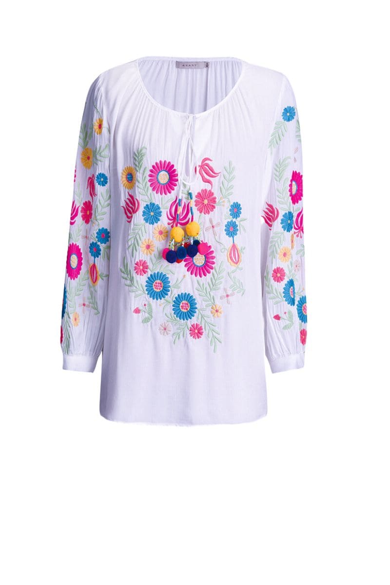 Blusa bordada mujer, blouse, top boho algodón frescura, manga 3/4, cuello redondo, cordón borlas, flores multicolor, modelo Anany, talla 40, blanca, ligera, cómoda, estilo casual bohemio ✅Entrega 24/48h