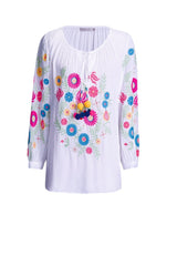 Blusa bordada mujer, blouse, top boho algodón frescura, manga 3/4, cuello redondo, cordón borlas, flores multicolor, modelo Anany, talla 40, blanca, ligera, cómoda, estilo casual bohemio ✅Entrega 24/48h