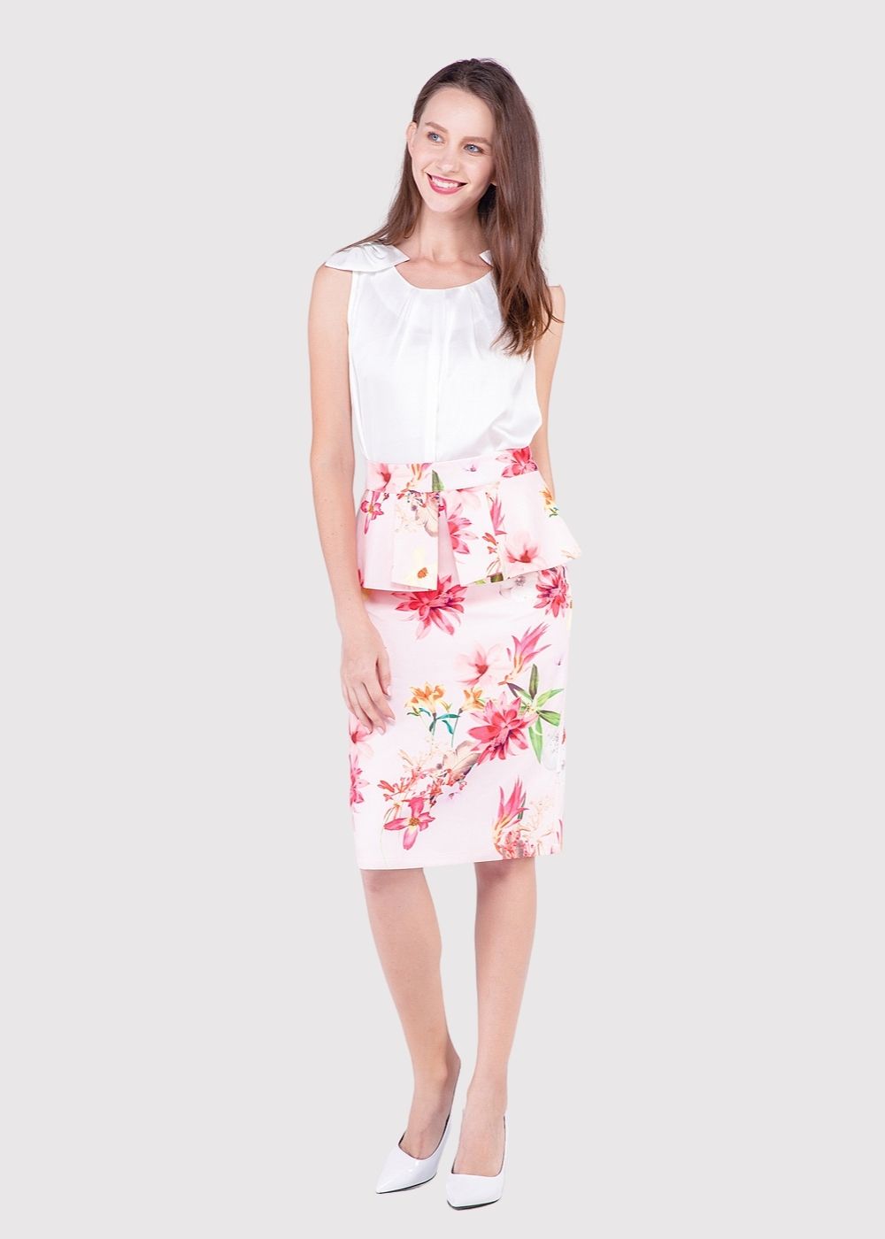 Falda recta mujer, sello femenino, diseño floral, volante cintura, estampado moderno, tejido sintético, cierre cremallera trasera, estilo elegante, color rosa, talla 44, outfit cómodo y sofisticado ✅Entrega 24/48h