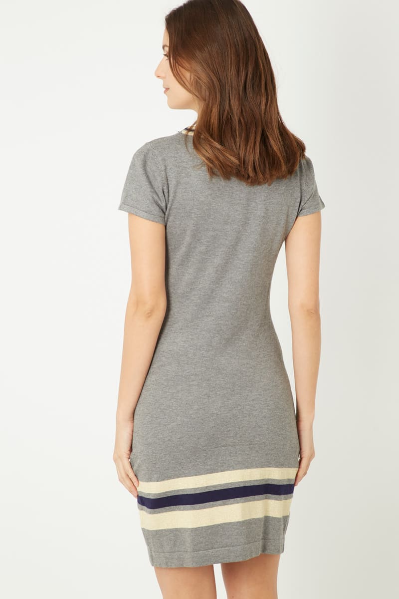 Vestido tejido casual deportivo, dress punto suave, outfit manga corta, rayas beige azul, cuello redondo, cómodo, versátil, tallas 38, gris, ideal oficina o urbano, estilo moderno, ✅Entrega 24/48h