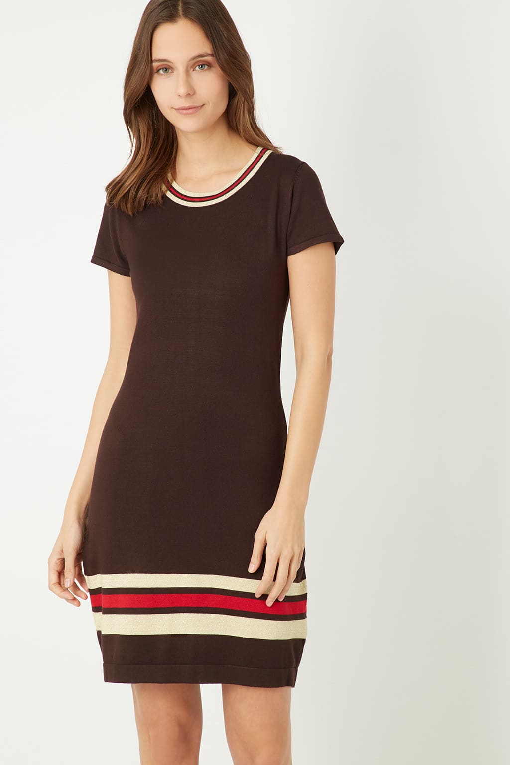 Vestido mujer ajustado rayas, dress clásico manga corta, punto suave, escote redondo, corte recto, estilo moderno, color marrón talla 38, cómodo, elegante, versátil, ideal oficina salidas ✅Entrega 24/48h