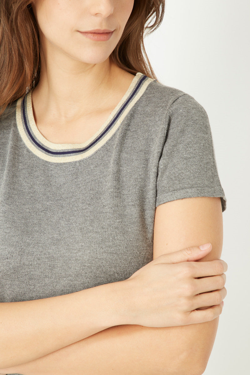 Vestido tejido casual deportivo, dress punto suave, outfit manga corta, rayas beige azul, cuello redondo, cómodo, versátil, tallas 38, gris, ideal oficina o urbano, estilo moderno, ✅Entrega 24/48h