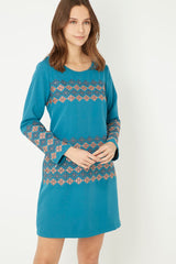 Vestido mujer manga larga, dress geométrico bohemio casual, tejido suave y ligero, corte corto, estampado exclusivo, azul, talla 38, cómodo, versátil, ideal diario y eventos informales, realza tu estilo auténtico ✅Entrega 24/48h